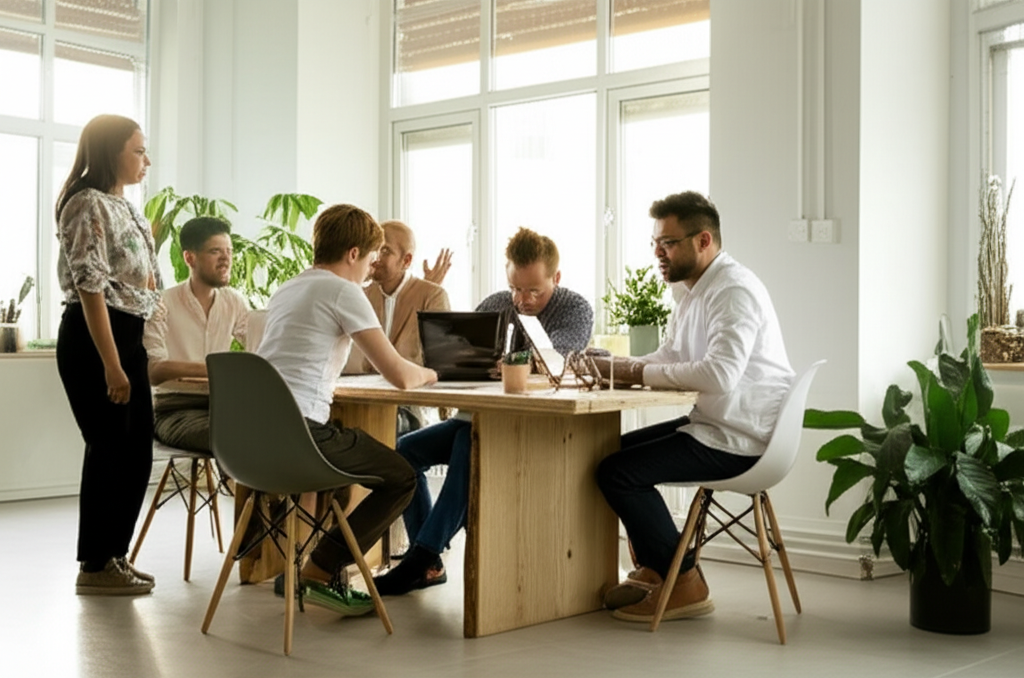 White Elm Collective team collaborating in a modern, bright office with plants